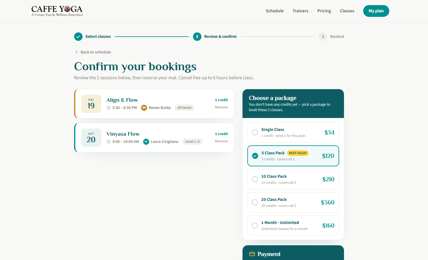 Confirm bookings — review sessions and choose a package.