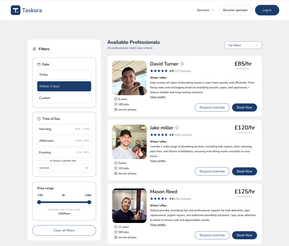 Professional profile card: verification badge and background-check status placed above pricing, making trust the first thing users see.