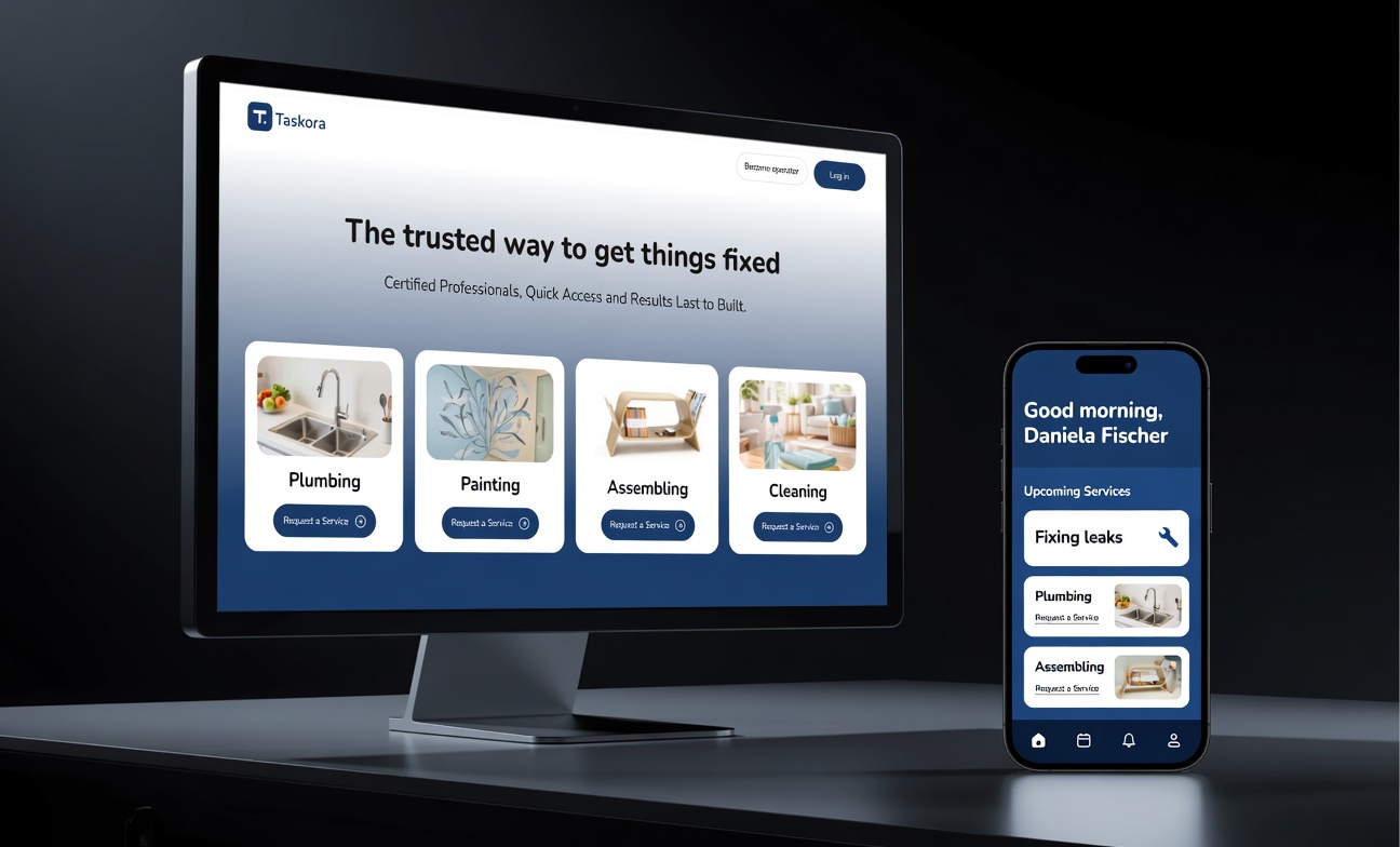 Home screen: search bar and nearby professionals surfaced first, so users start from trusted local options rather than an empty query.