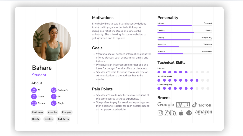 User persona for a student yogi named Bahare