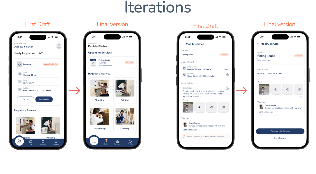 Mobile app iterations: first draft next to final version for home and modify service screens