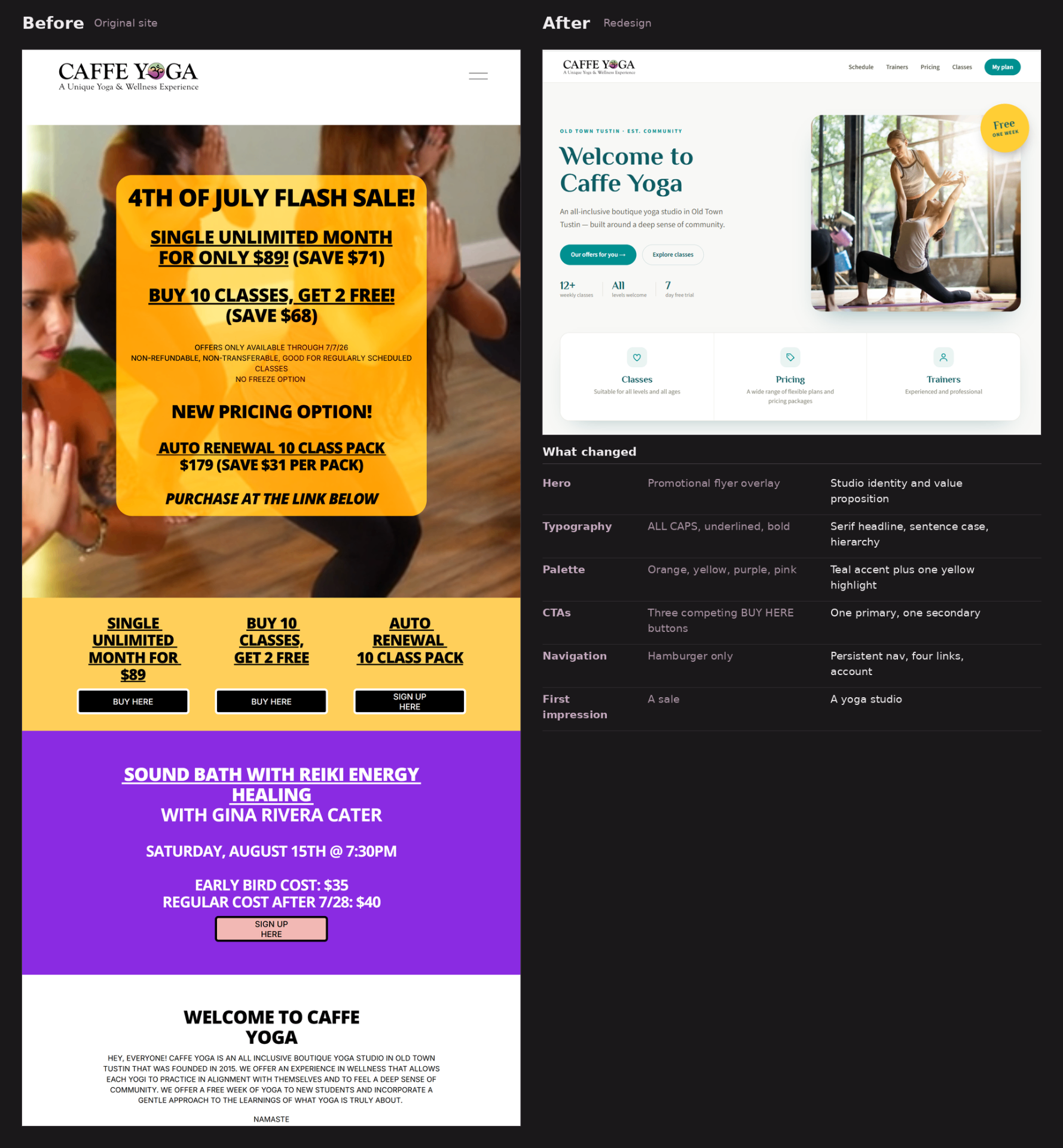 Homepage — before and after